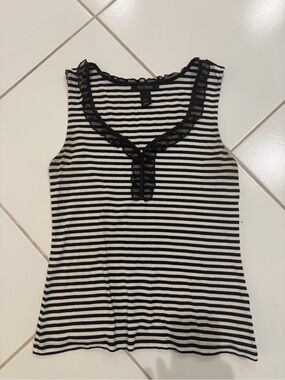 White House Black Market Black & White Striped Ruffle Trim Tank